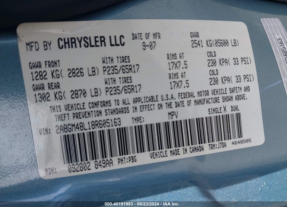 2008 CHRYSLER PACIFICA LX VIN: 2A8GM48L18R605163