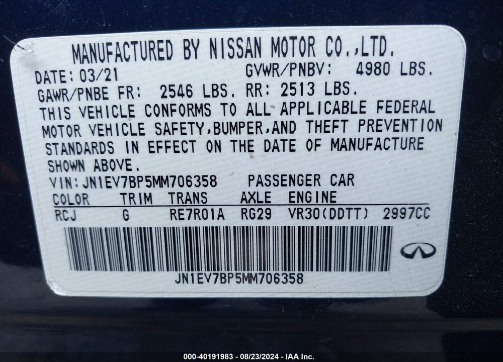 2021 INFINITI Q50 VIN: JN1EV7BP5MM706358
