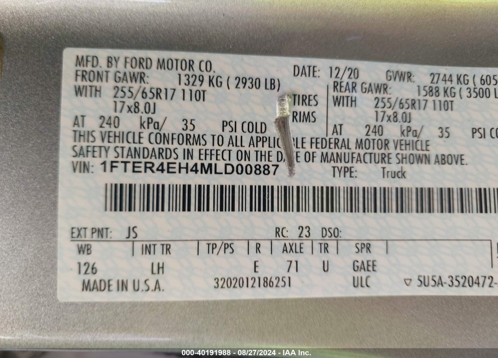 2021 FORD RANGER VIN: 1FTER4EH4MLD00887