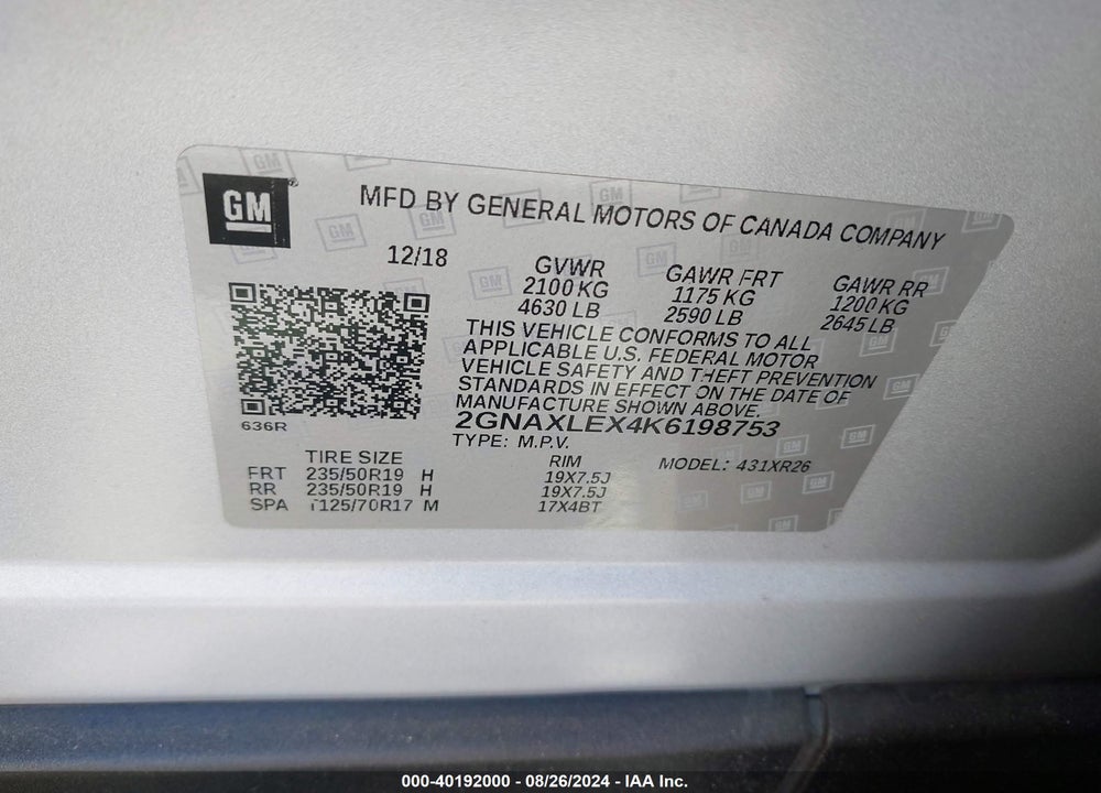 2019 CHEVROLET EQUINOX LT VIN: 2GNAXLEX4K6198753