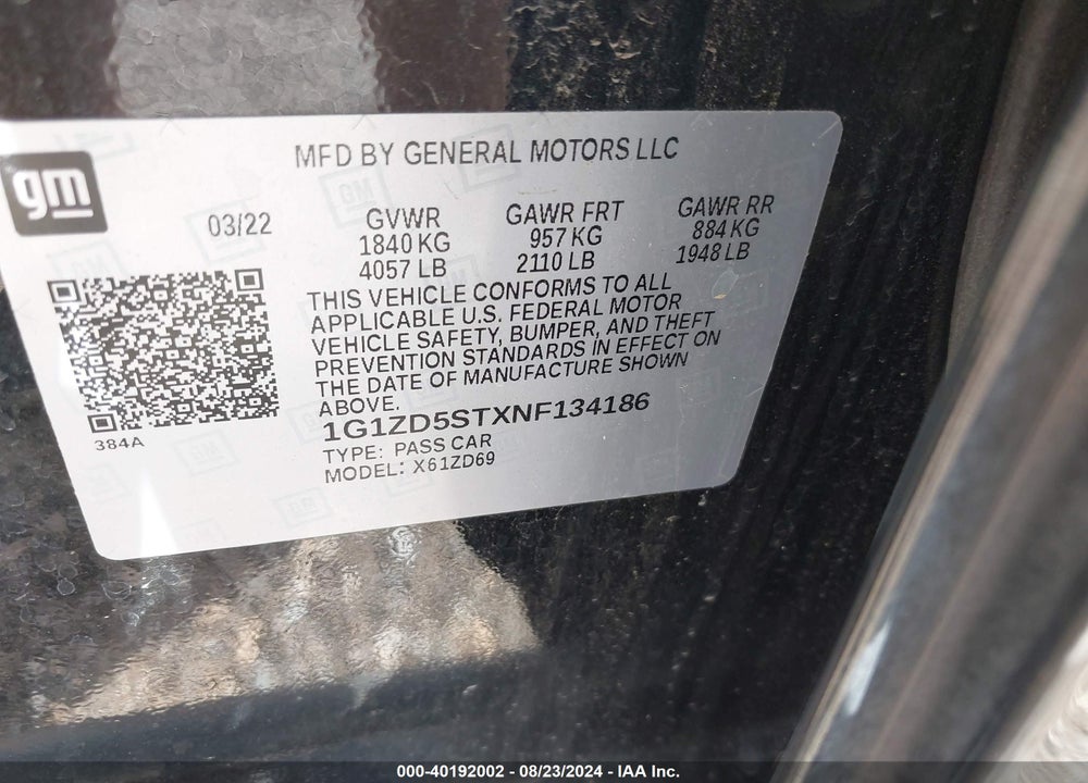 2022 CHEVROLET MALIBU FWD LT VIN: 1G1ZD5STXNF134186