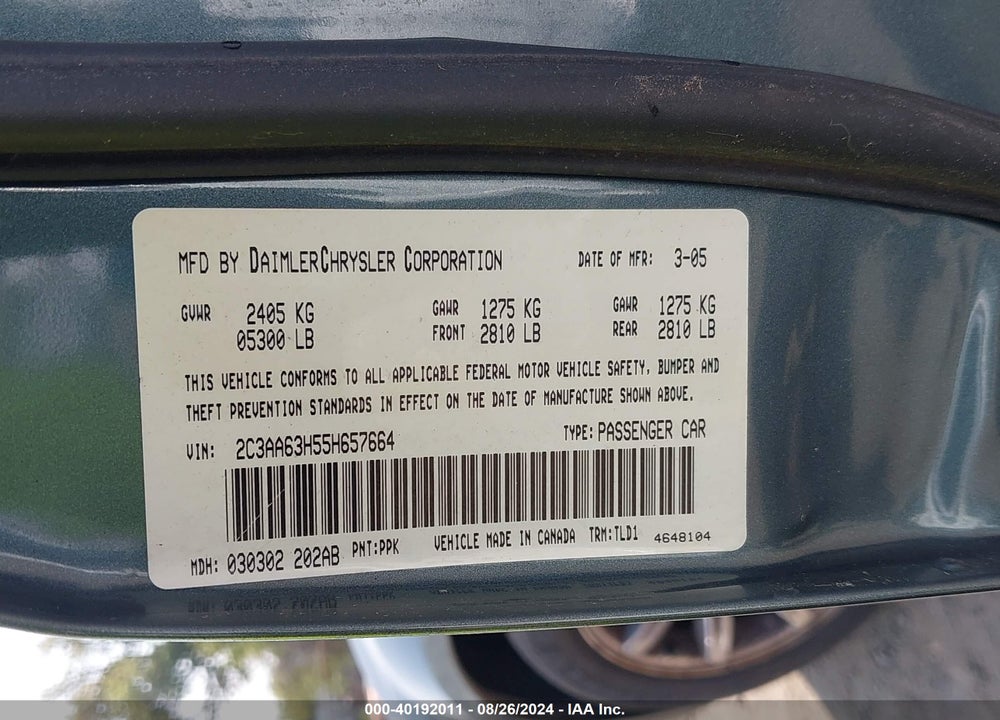 2005 CHRYSLER 300C VIN: 2C3AA63H55H657664