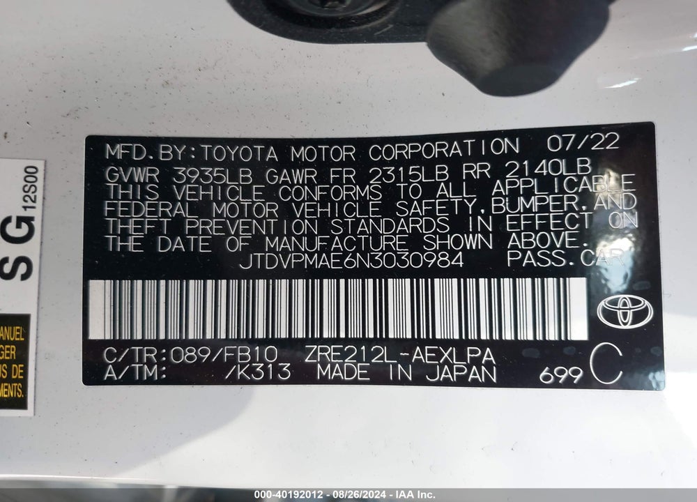 2022 TOYOTA COROLLA LE VIN: JTDVPMAE6N3030984