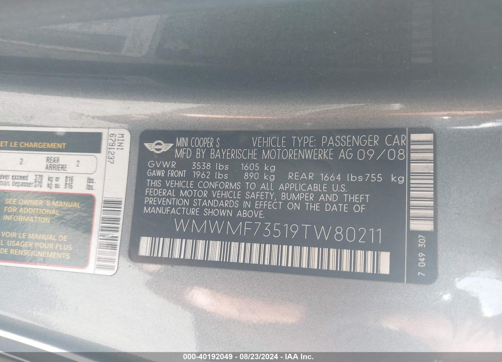 2009 MINI COOPER S VIN: WMWMF73519TW80211