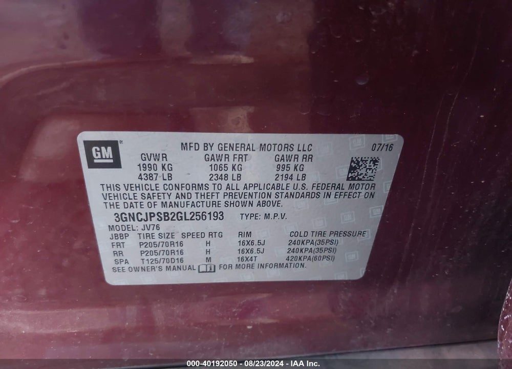 2016 CHEVROLET TRAX LT VIN: 3GNCJPSB2GL256193