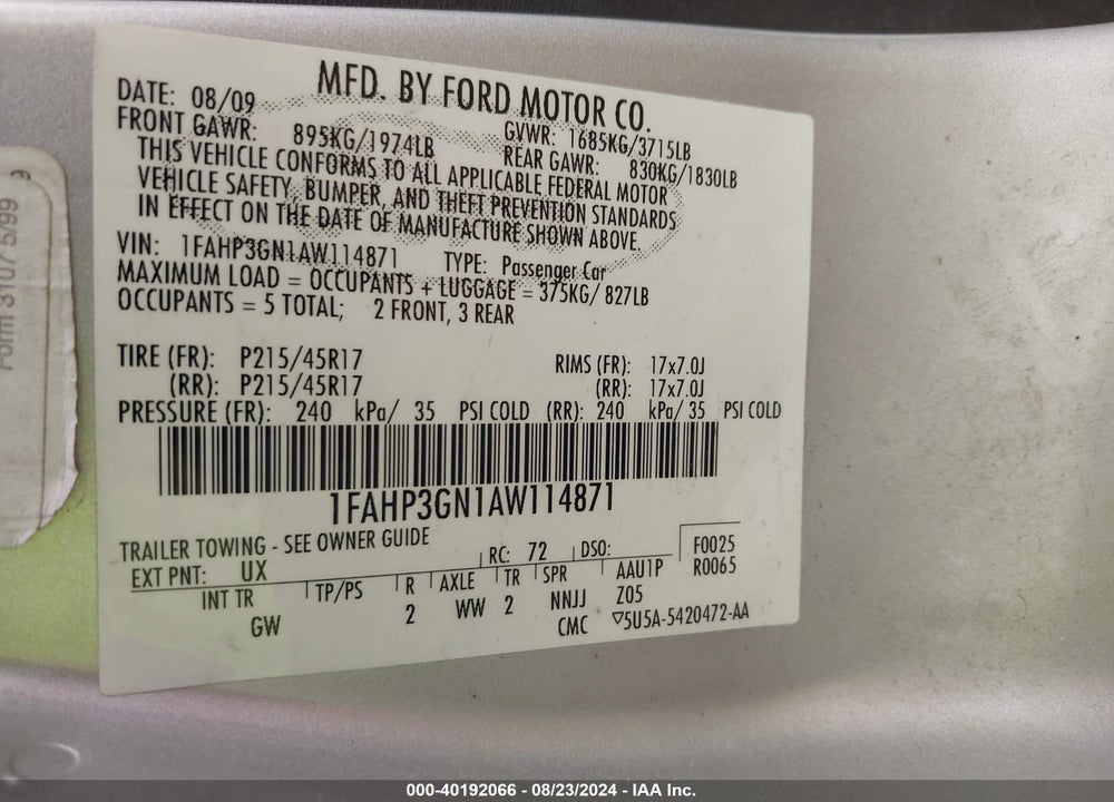 2010 FORD FOCUS VIN: 1FAHP3GN1AW114871