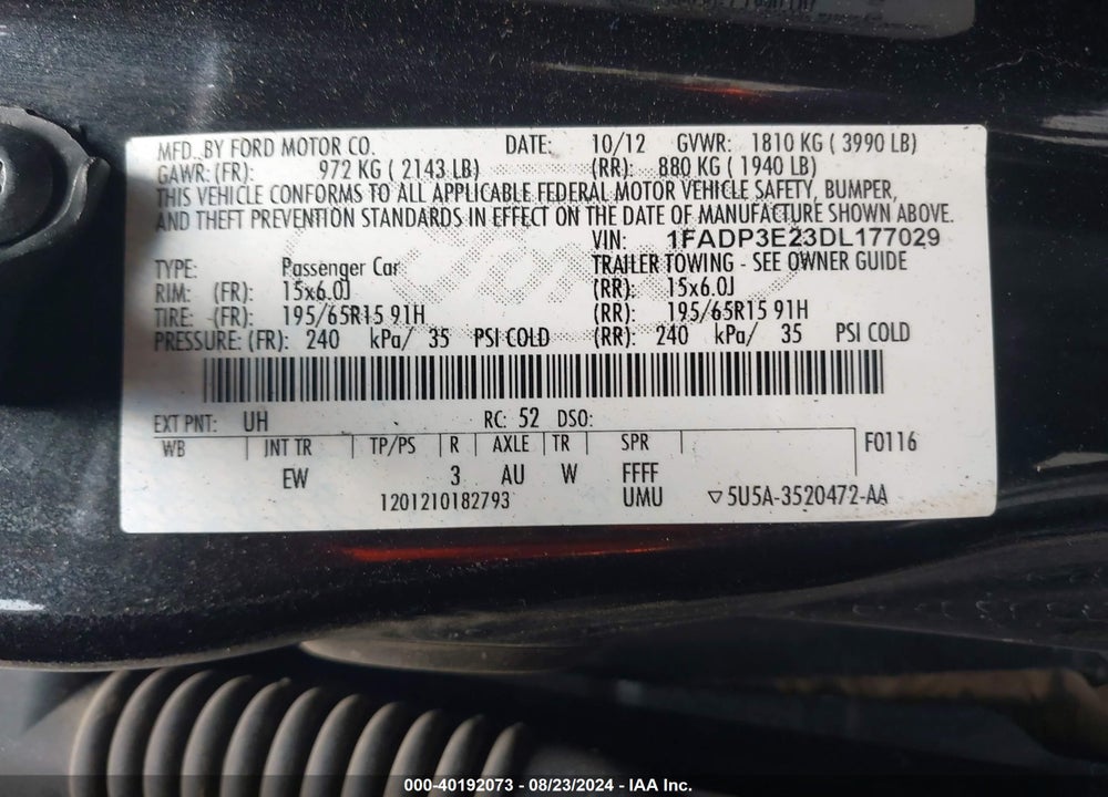 2013 FORD FOCUS VIN: 1FADP3E23DL177029
