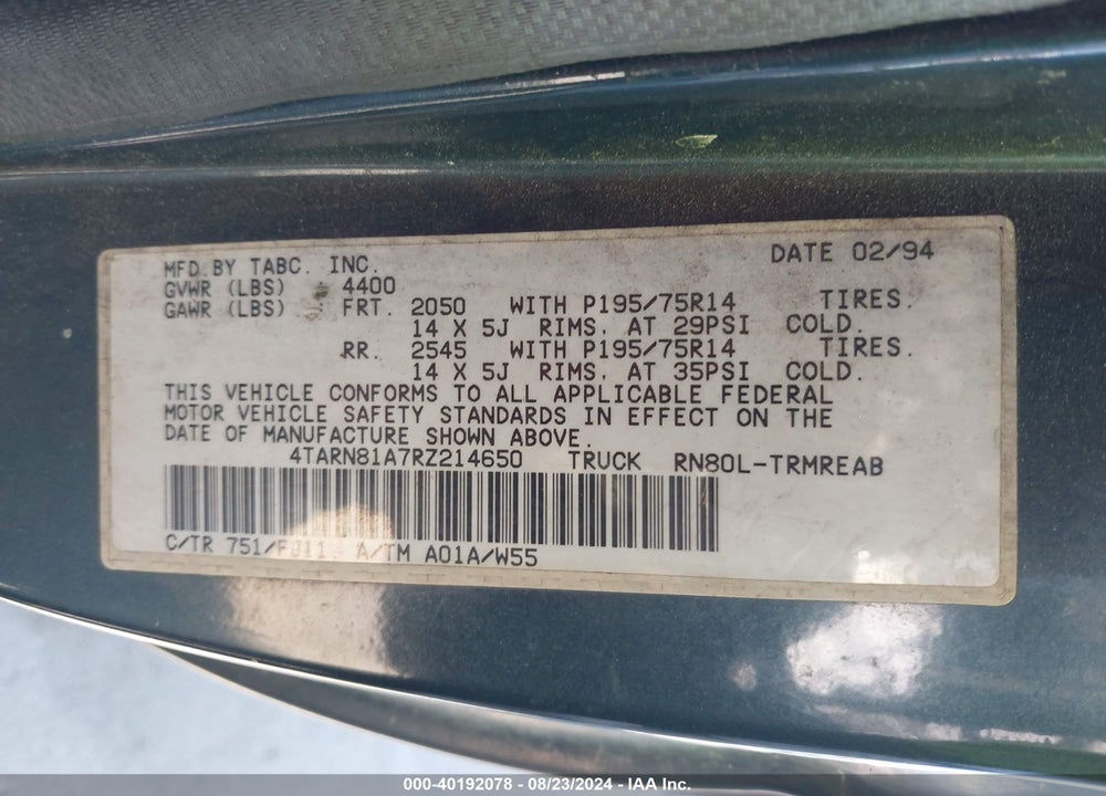 1994 TOYOTA PICKUP 1/2 TON SHORT WHLBASE STB VIN: 4TARN81A7RZ214650