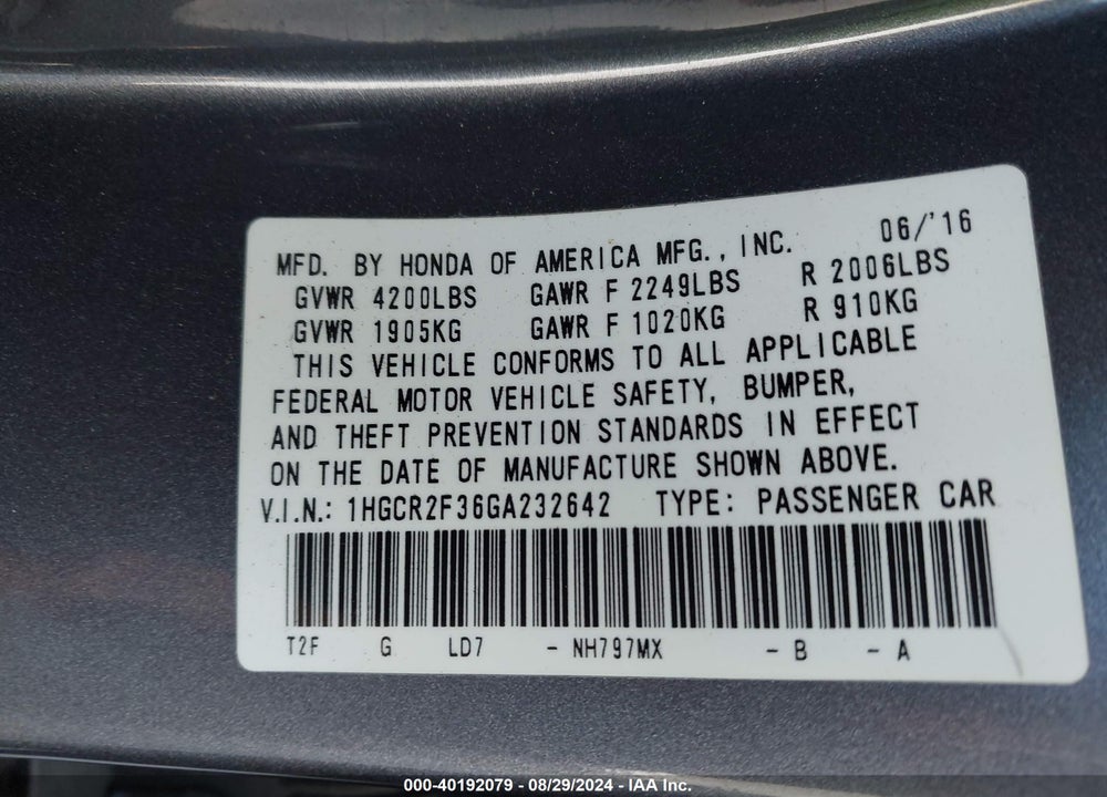 2016 HONDA ACCORD LX VIN: 1HGCR2F36GA232642