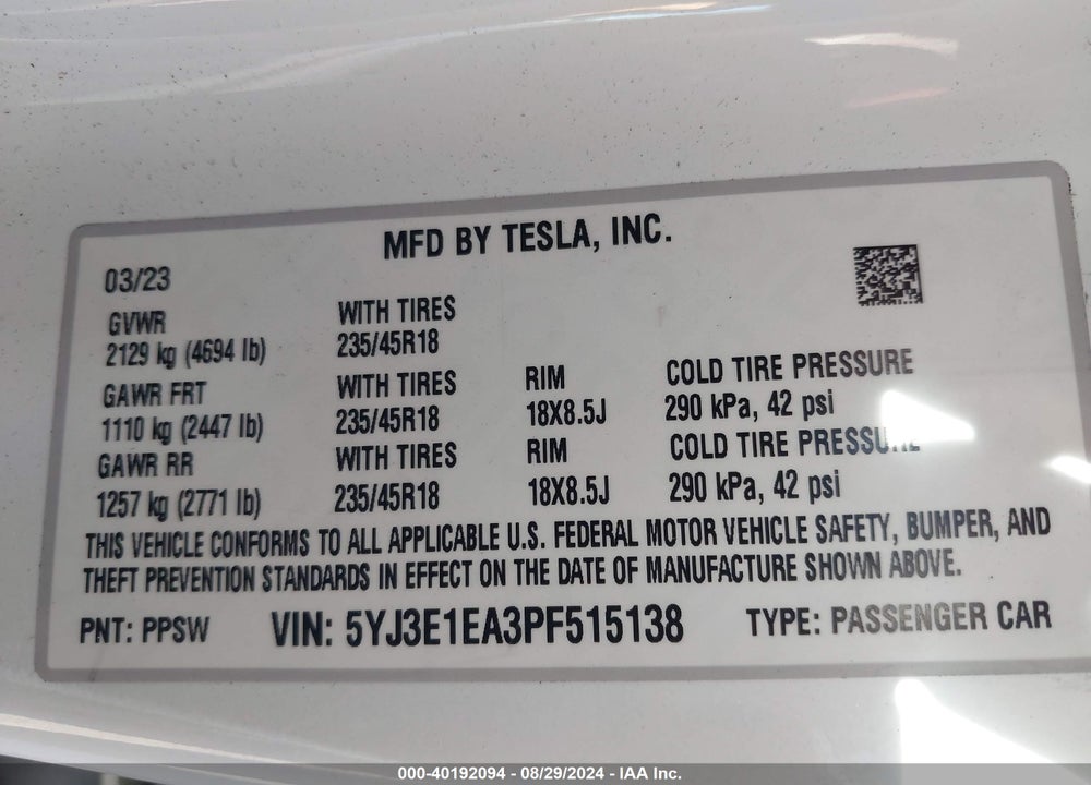 2023 TESLA MODEL 3 REAR-WHEEL DRIVE VIN: 5YJ3E1EA3PF515138