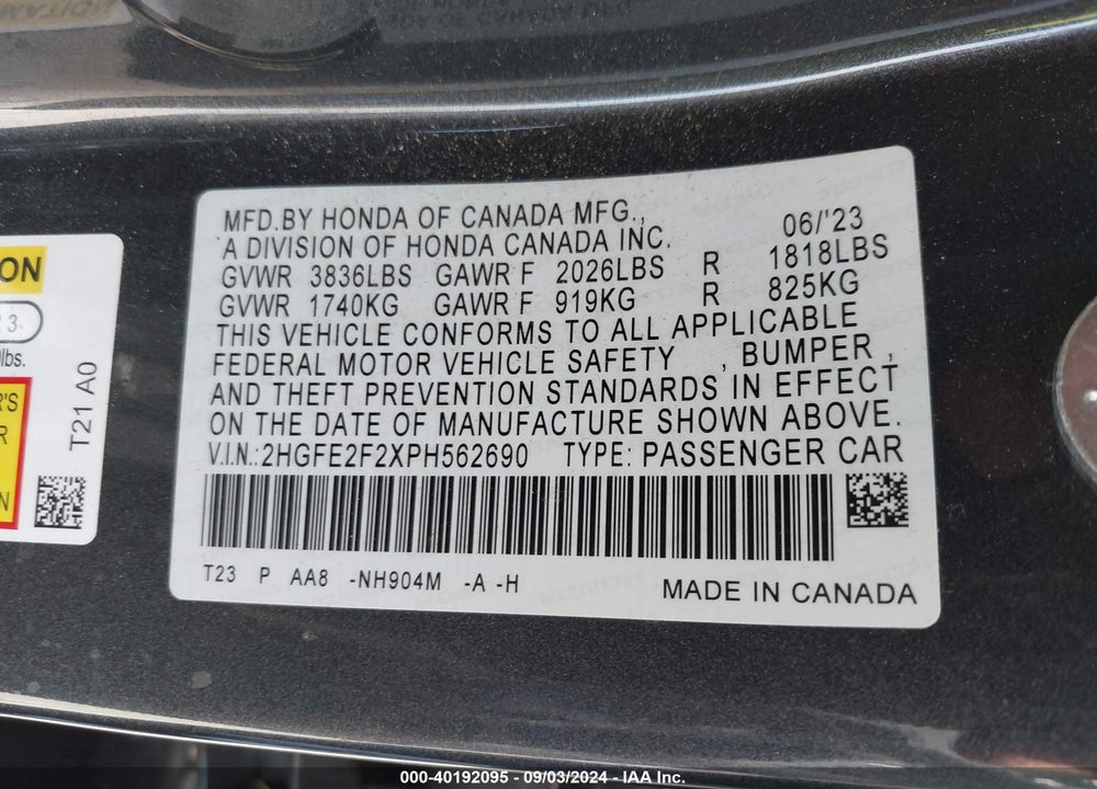 2023 HONDA CIVIC LX VIN: 2HGFE2F2XPH562690