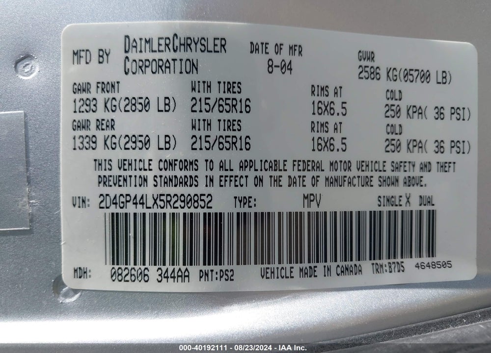 2005 DODGE GRAND CARAVAN SXT VIN: 2D4GP44LX5R290852