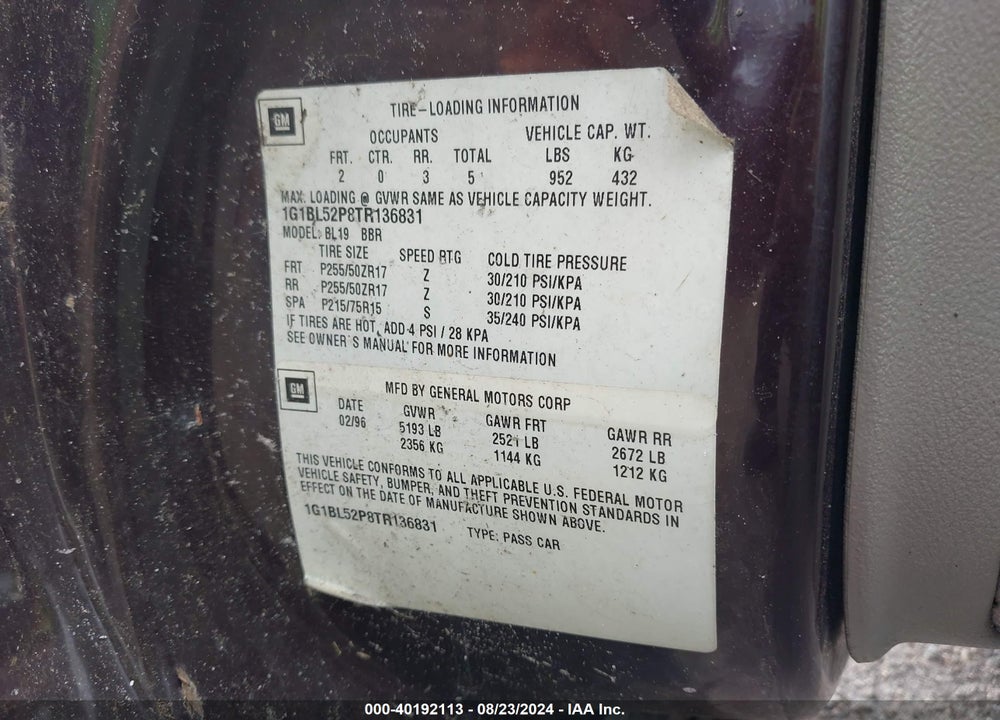 1996 CHEVROLET CAPRICE / IMPALA CLASSIC SS VIN: 1G1BL52P8TR136831