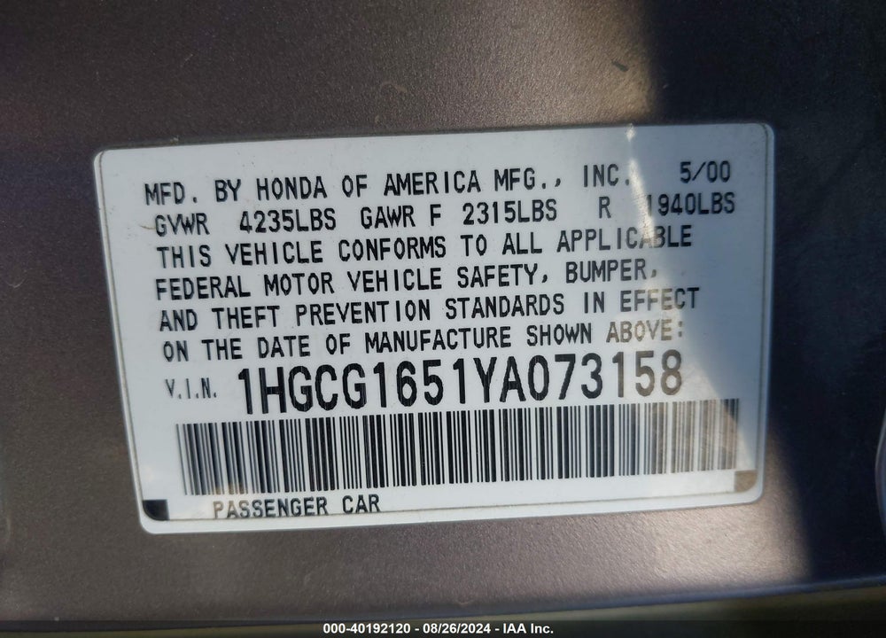 2000 HONDA ACCORD 3.0 EX VIN: 1HGCG1651YA073158