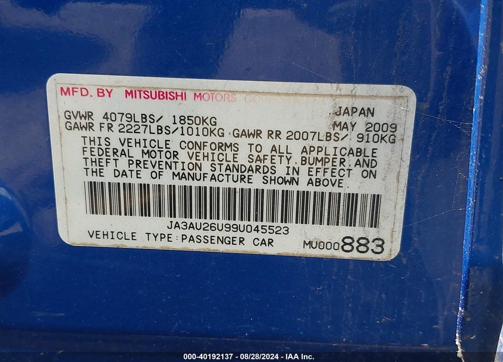 2009 MITSUBISHI LANCER ES/ES SPORT VIN: JA3AU26U99U045523