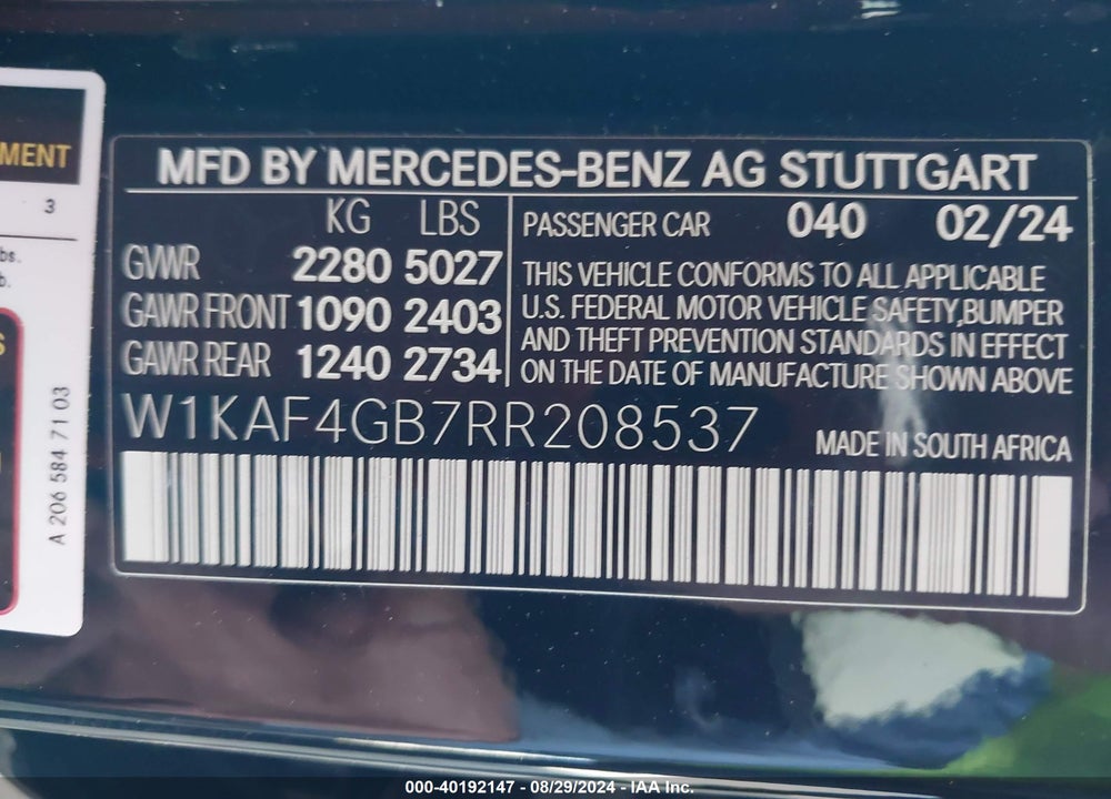 2024 MERCEDES-BENZ C 300 VIN: W1KAF4GB7RR208537