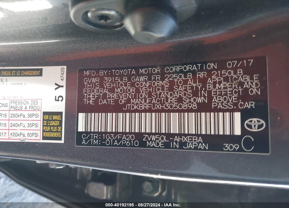 2017 TOYOTA PRIUS TWO VIN: JTDKBRFUXH3050898