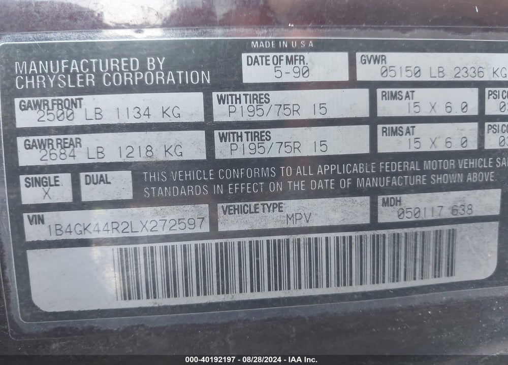 1990 DODGE GRAND CARAVAN SE VIN: 1B4GK44R2LX272597