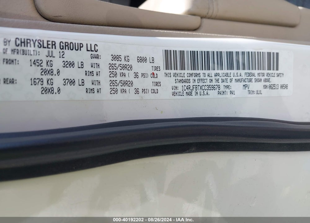 2012 JEEP GRAND CHEROKEE LIMITED VIN: 1C4RJFBTXCC359678