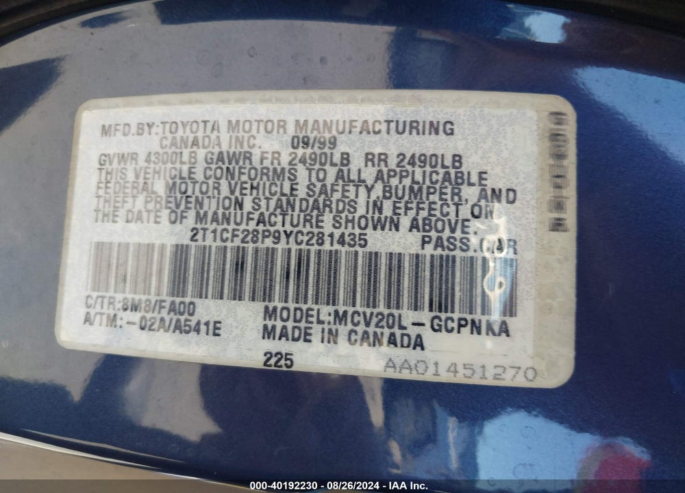 2000 TOYOTA CAMRY SOLARA VIN: 2T1CF28P9YC281435