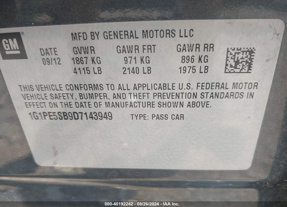2013 CHEVROLET CRUZE 2LT AUTO VIN: 1G1PE5SB9D7143949