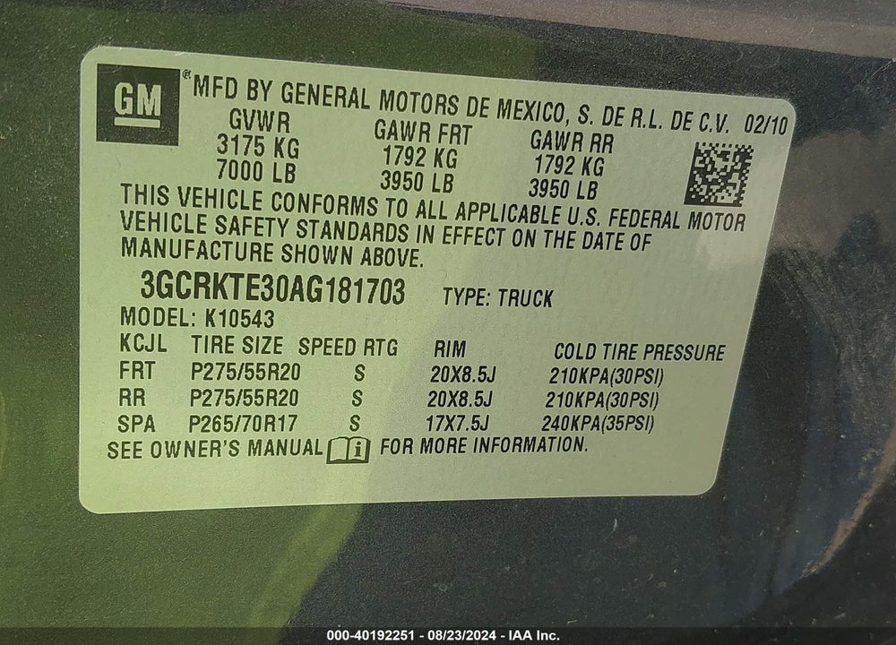 2010 CHEVROLET SILVERADO 1500 LTZ VIN: 3GCRKTE30AG181703