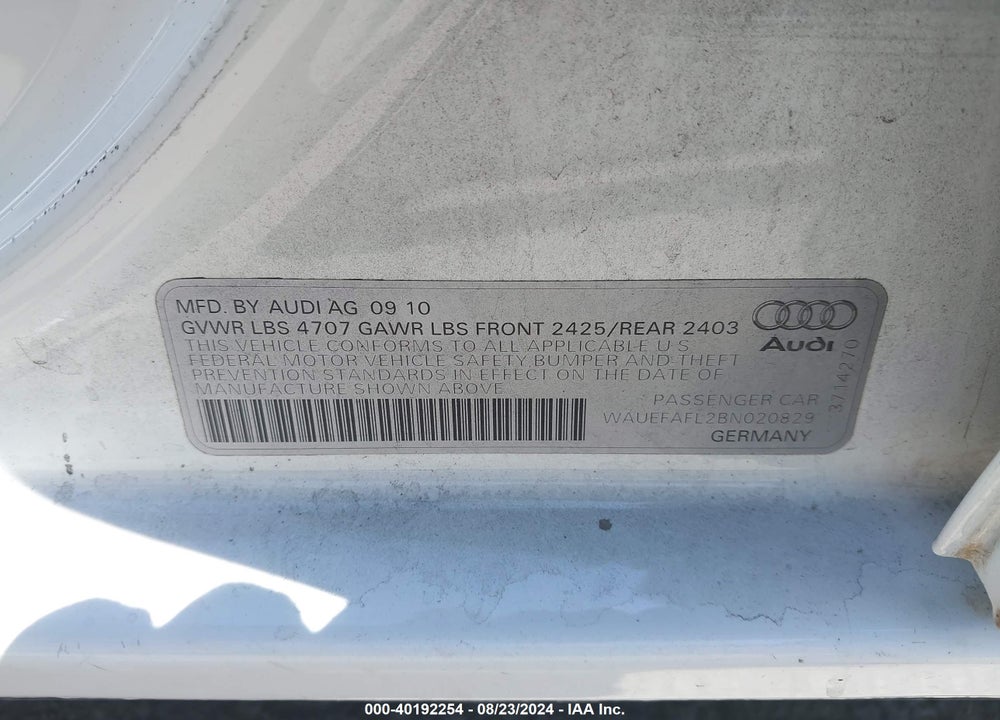 2011 AUDI A4 2.0T PREMIUM VIN: WAUEFAFL2BN020829