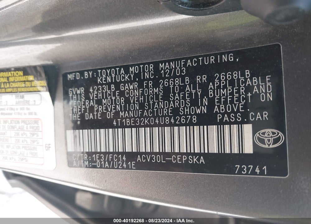 2004 TOYOTA CAMRY SE VIN: 4T1BE32K04U842678