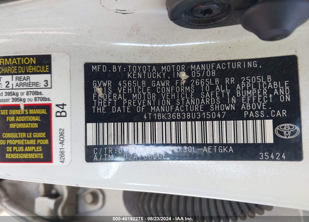 2008 TOYOTA AVALON XLS VIN: 4T1BK36B38U315047
