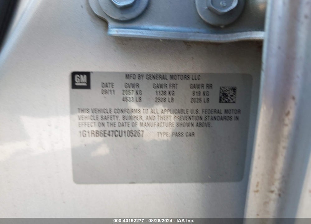 2012 CHEVROLET VOLT VIN: 1G1RB6E47CU105267