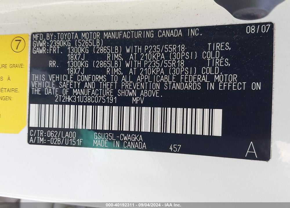 2008 LEXUS RX 350 VIN: 2T2HK31U38C075191
