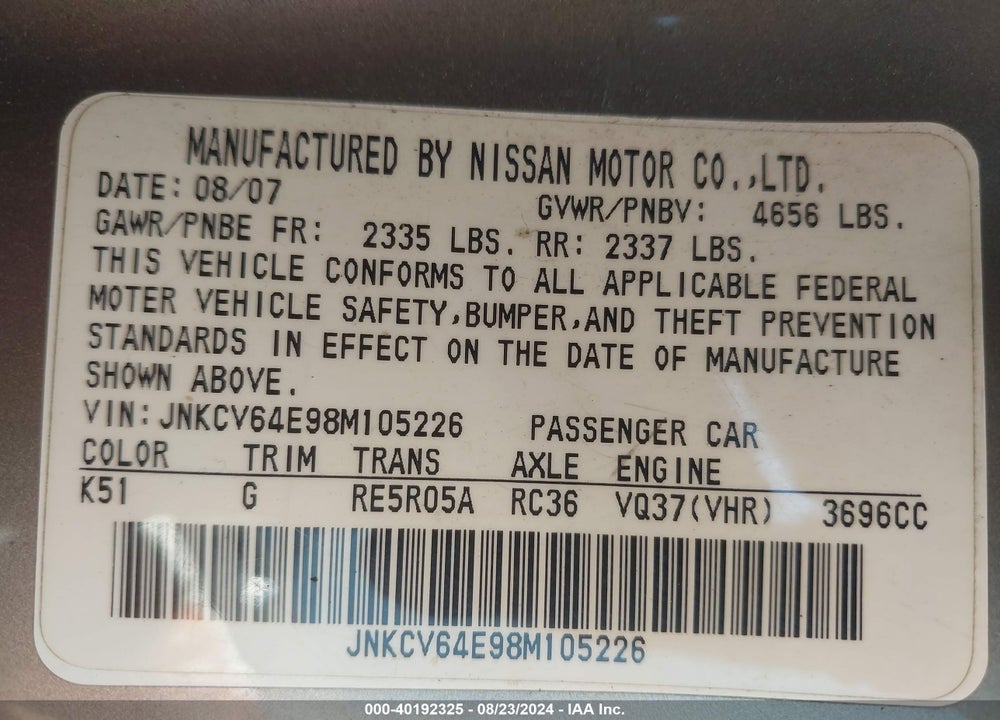 2008 INFINITI G37 JOURNEY VIN: JNKCV64E98M105226