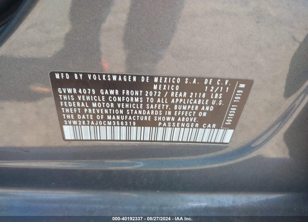 2012 VOLKSWAGEN JETTA 2.0L S VIN: 3VW2K7AJ0CM356319