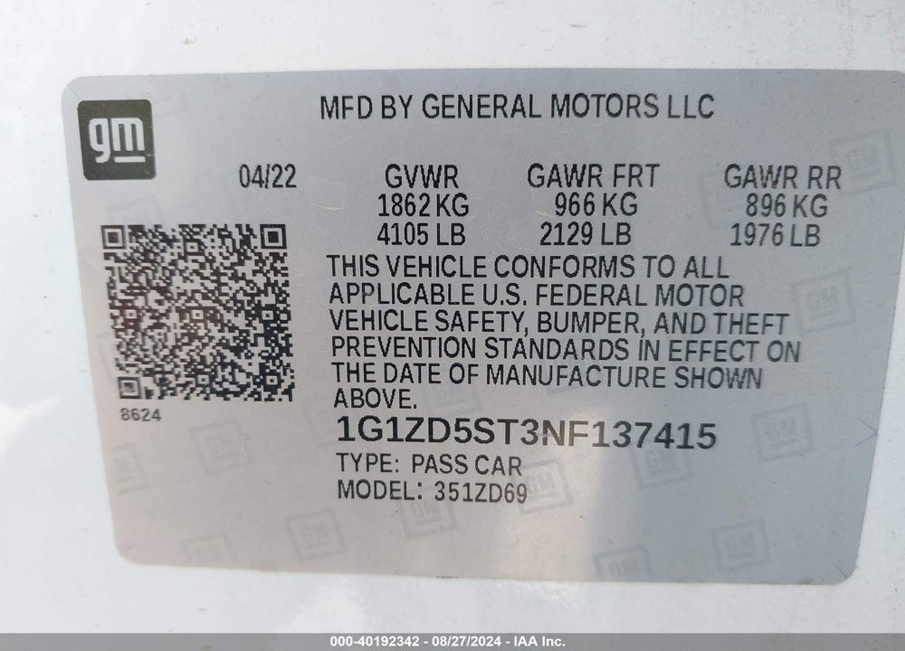 2022 CHEVROLET MALIBU FWD LT VIN: 1G1ZD5ST3NF137415