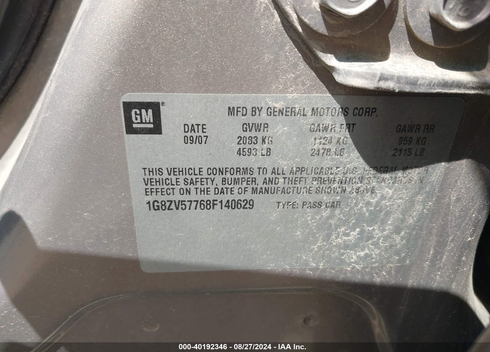 2008 SATURN AURA XR VIN: 1G8ZV57768F140629