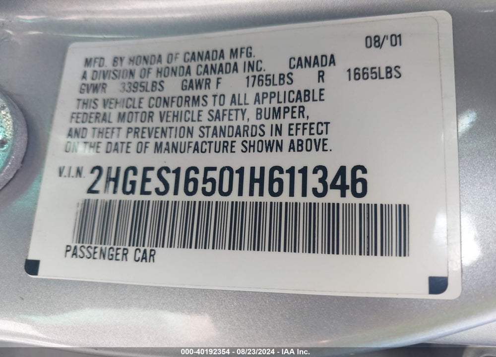 2001 HONDA CIVIC VIN: 2HGES16501H611346