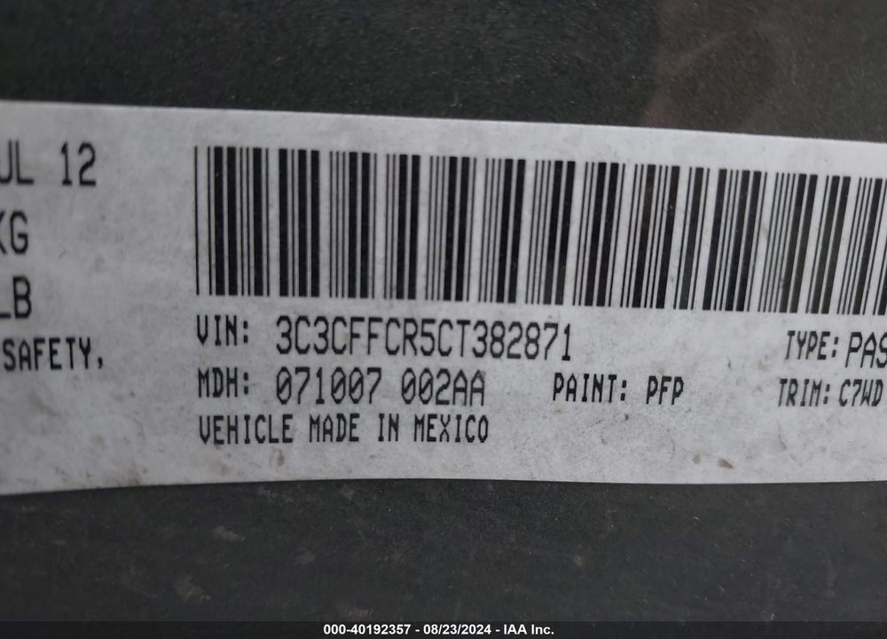 2012 FIAT 500 LOUNGE VIN: 3C3CFFCR5CT382871