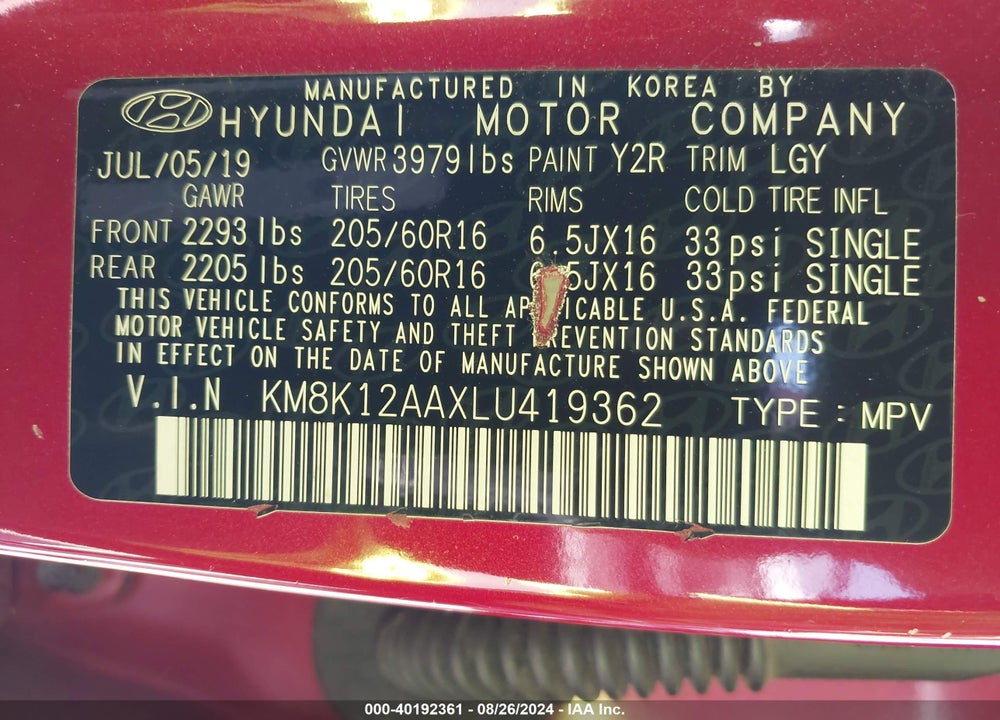 2020 HYUNDAI KONA SE VIN: KM8K12AAXLU419362