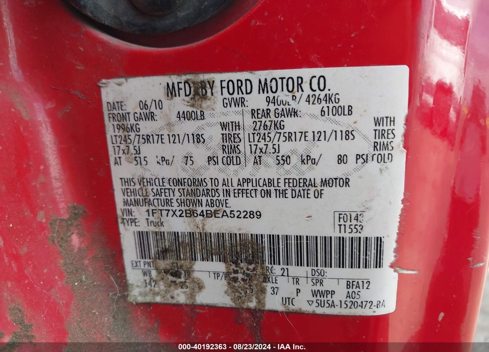 2011 FORD F-250 XLT VIN: 1FT7X2B64BEA52289