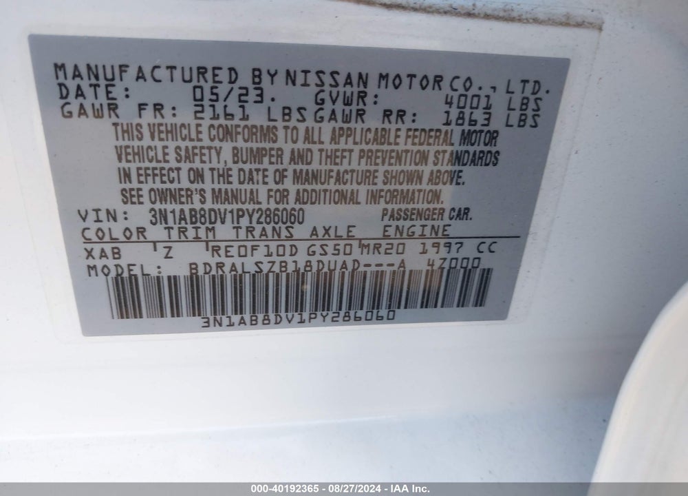 2023 NISSAN SENTRA SR XTRONIC CVT VIN: 3N1AB8DV1PY286060