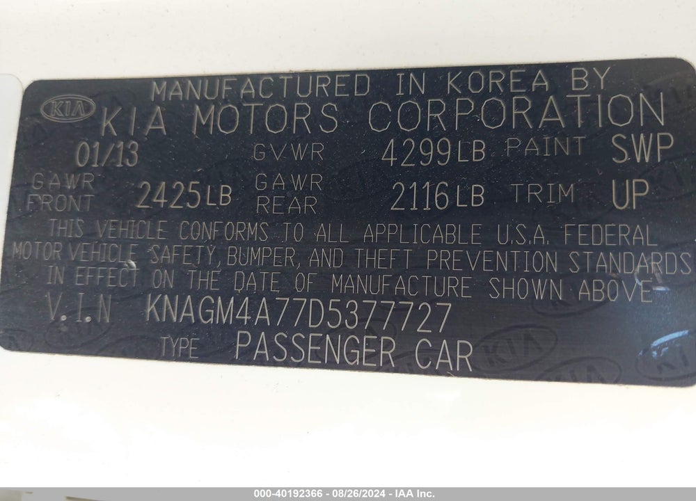 2013 KIA OPTIMA LX VIN: KNAGM4A77D5377727