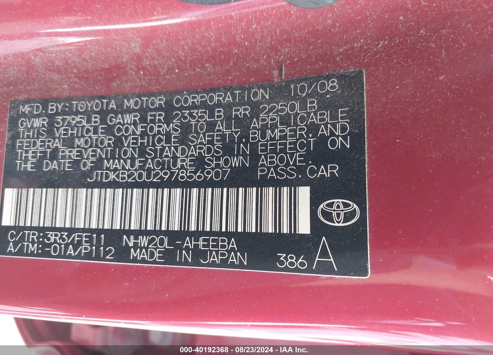 2009 TOYOTA PRIUS VIN: JTDKB20U297856907