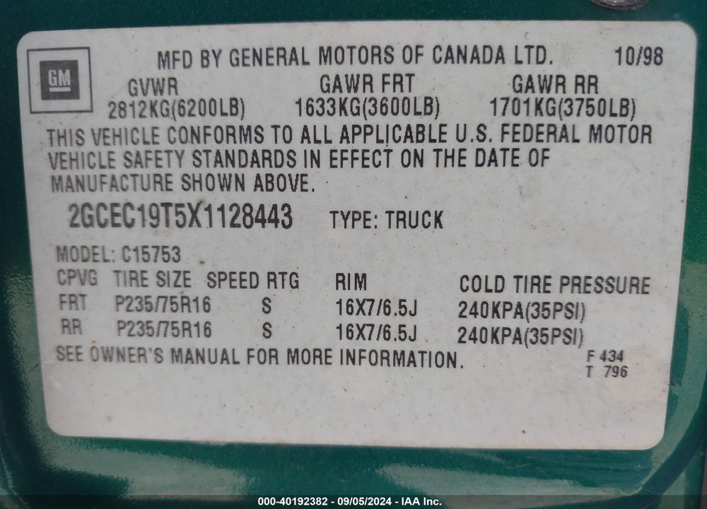 1999 CHEVROLET SILVERADO 1500 VIN: 2GCEC19T5X1128443