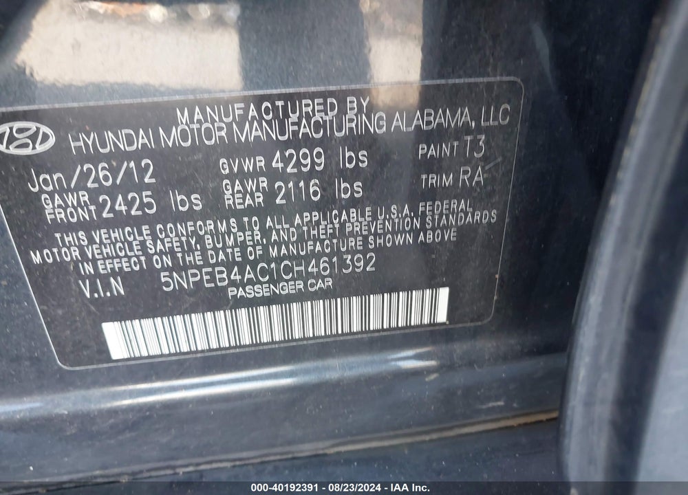 2012 HYUNDAI SONATA GLS VIN: 5NPEB4AC1CH461392