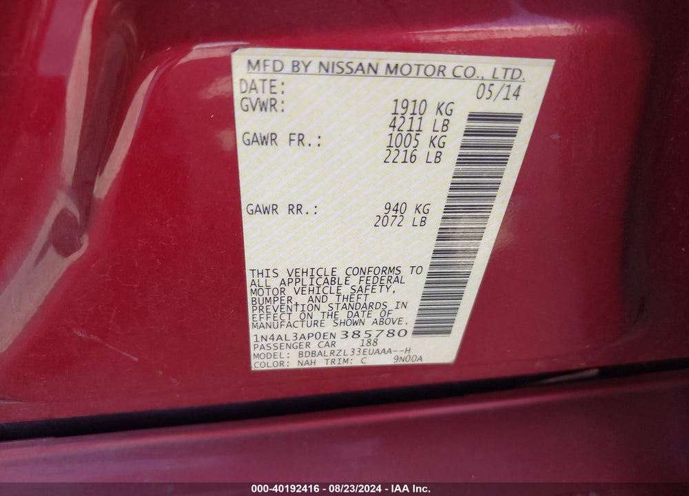 2014 NISSAN ALTIMA 2.5 S VIN: 1N4AL3AP0EN385780