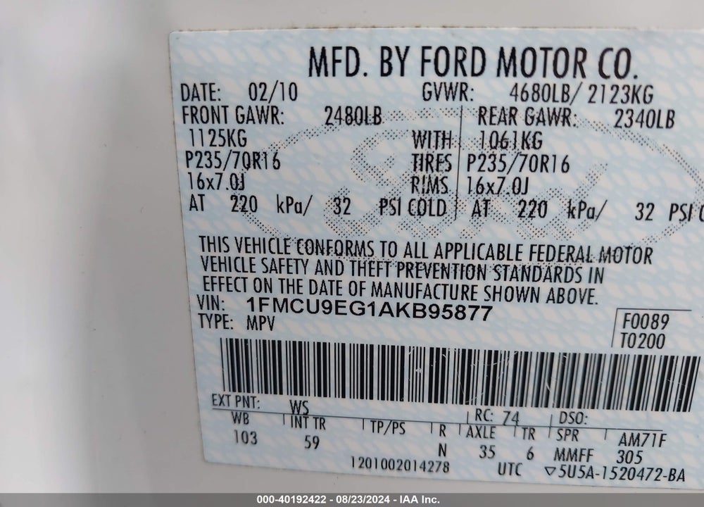 2010 FORD ESCAPE LIMITED VIN: 1FMCU9EG1AKB95877