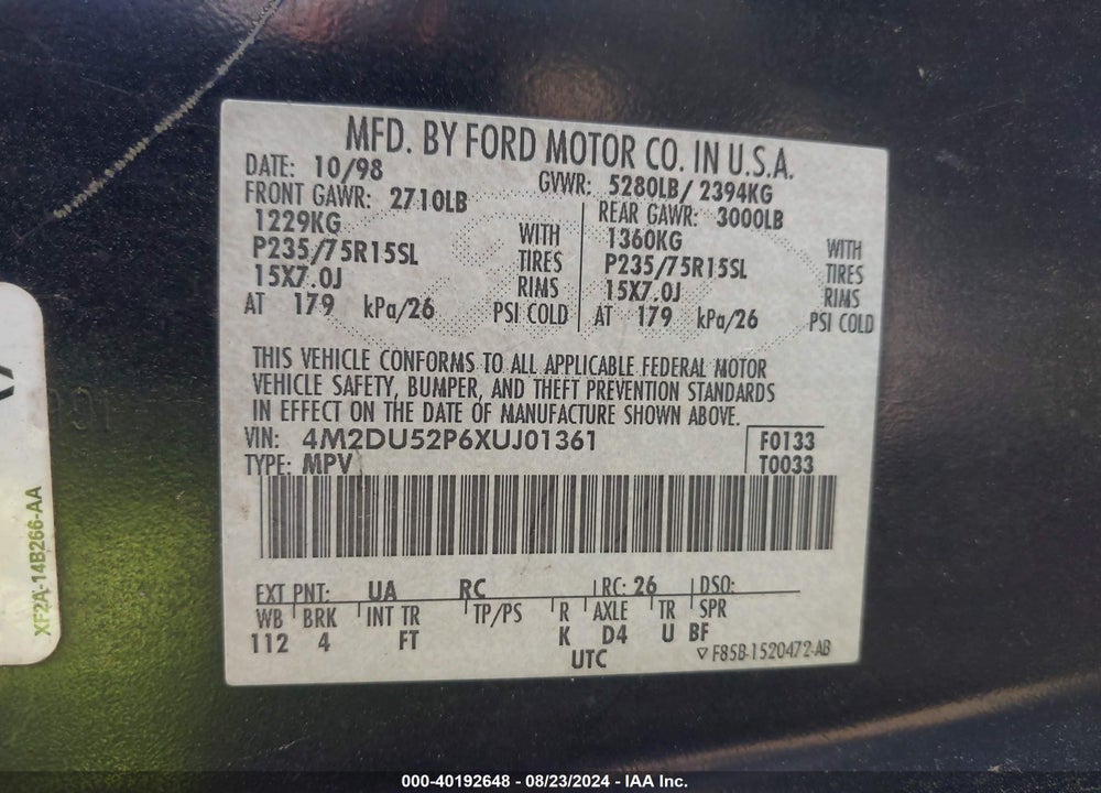 1999 MERCURY MOUNTAINEER VIN: 4M2DU52P6XUJ01361