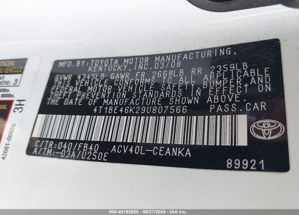 2009 TOYOTA CAMRY VIN: 4T1BE46K29U807566