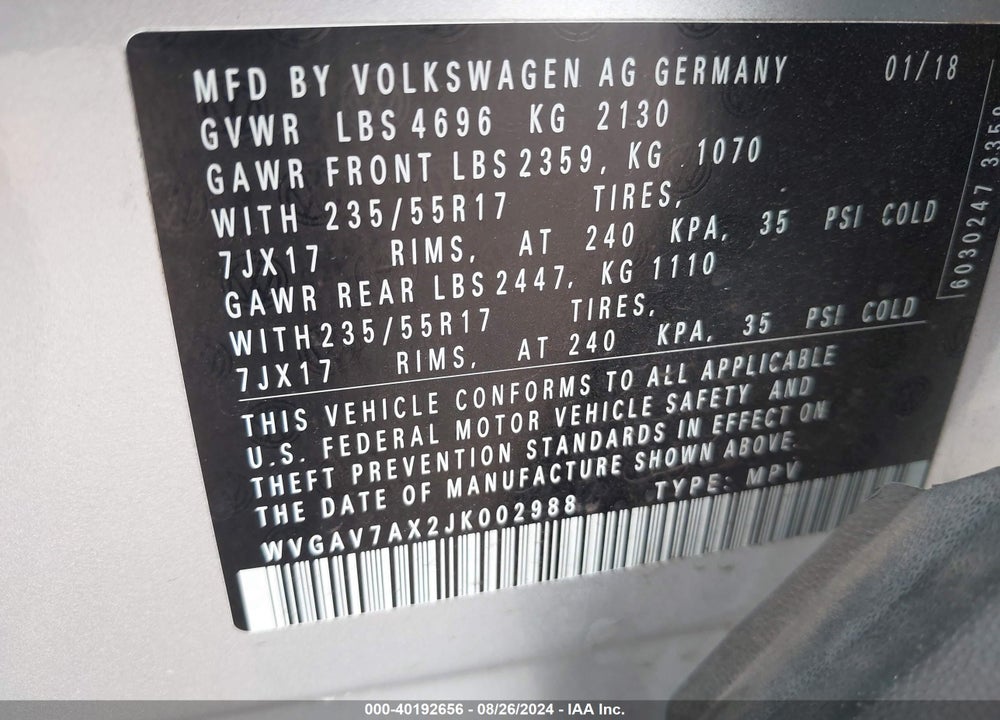 2018 VOLKSWAGEN TIGUAN LIMITED 2.0T VIN: WVGAV7AX2JK002988