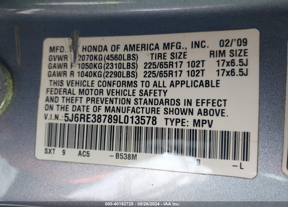2009 HONDA CR-V EX-L VIN: 5J6RE38789L013578